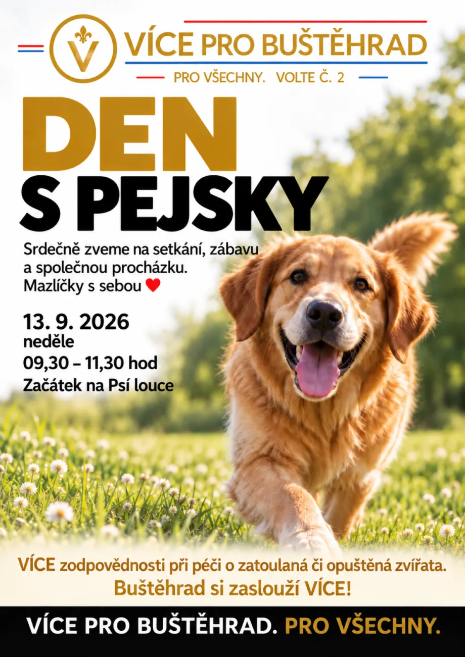 Plakát: Den s pejsky. Neděle 13. 9. 2026, 9.30–11.30, začátek na Psí louce v Buštěhradě.
