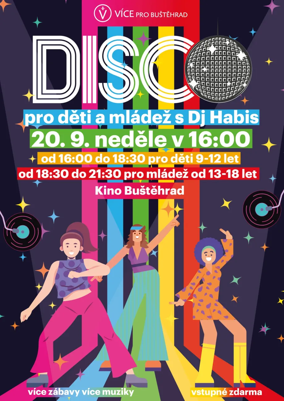 Plakát: Disco pro děti a mládež s DJ Habisem. Neděle 20. 9. 2026 od 16:00 v Kině Buštěhrad, vstupné zdarma.